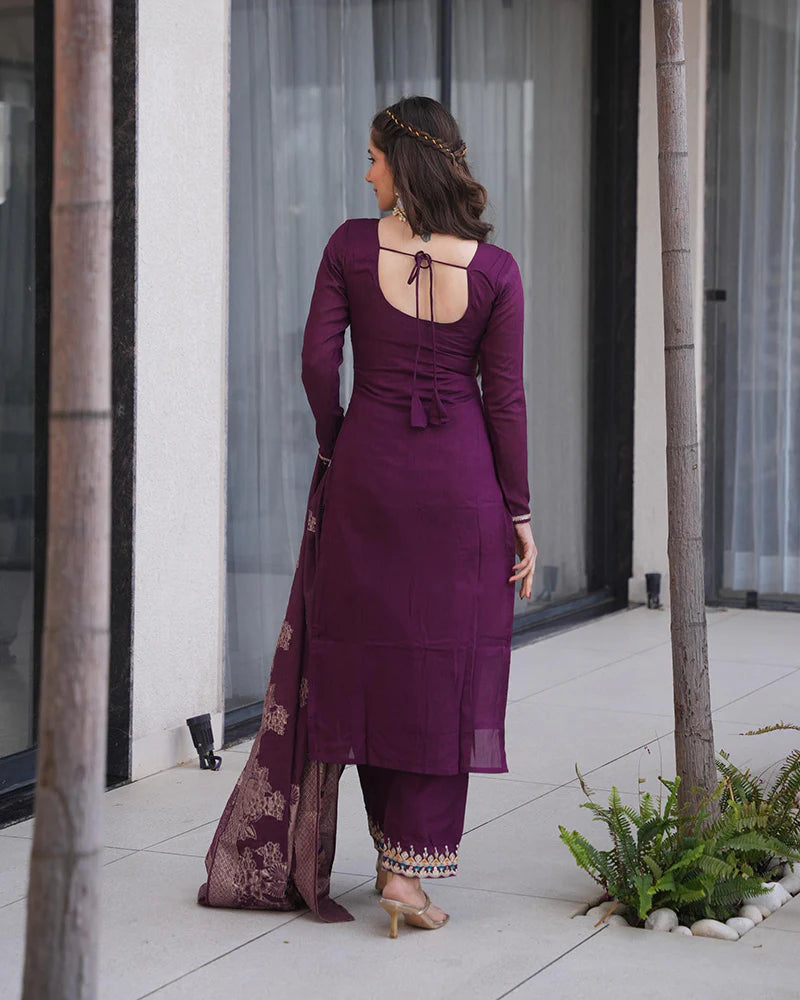 Womenline Wine Color Roman Silk Embroidered Three Piece Kurti Suit