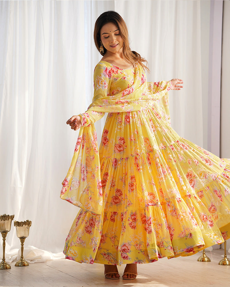 Womenline Yellow Color Georgette Three Layer Ruffle Style Anarkali Suit