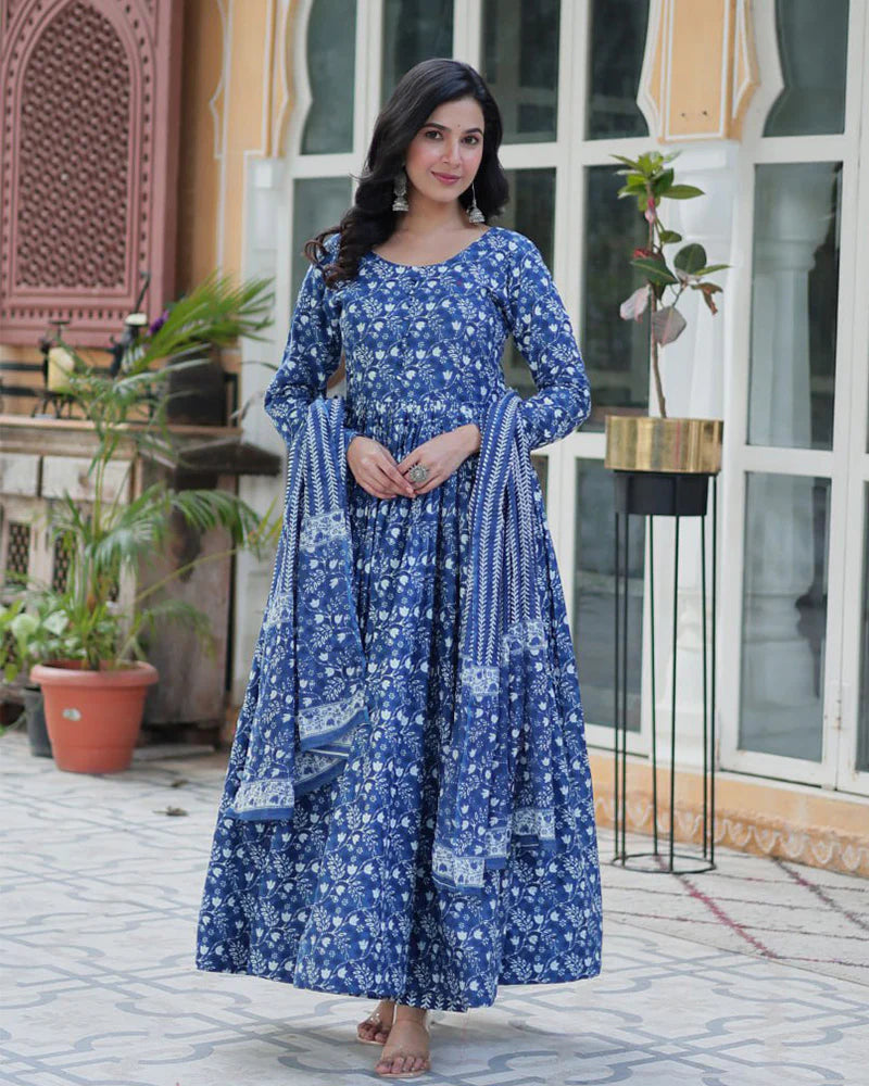 Womenline Blue Color Printed Pure Cotton Three Piece Kurti Suit