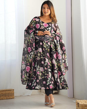 Womenline Black Color Pure Soft Organza Three Piece Anarkali Suit