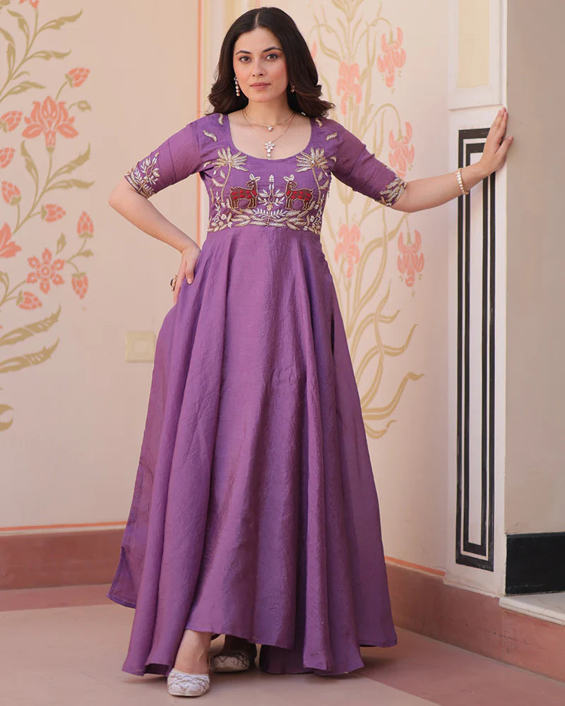 Womenline Lavender Color Gold Crush Embroidered Work Gown