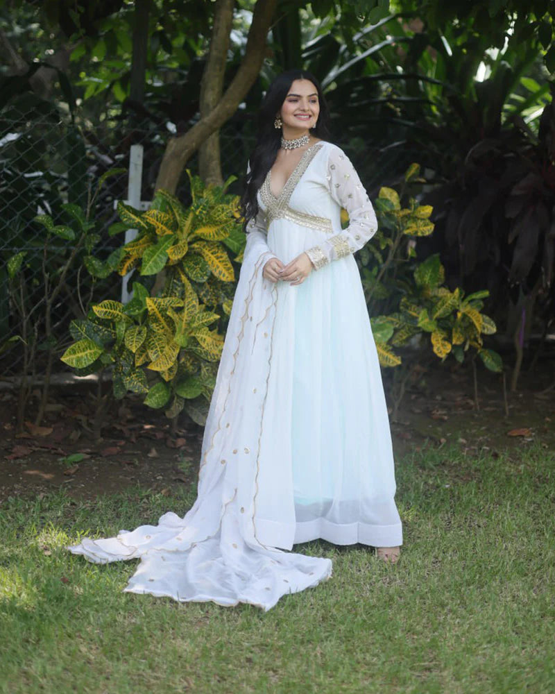 Womenline Wedding Wear Embroidered White Color Alia Cut Gown With Dupatta
