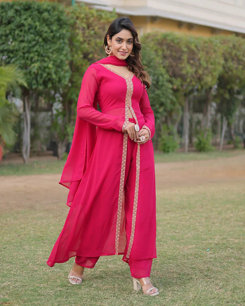 Womenline Western Designer Rani Pink Color Georgette Three Piece Kurti Suit
