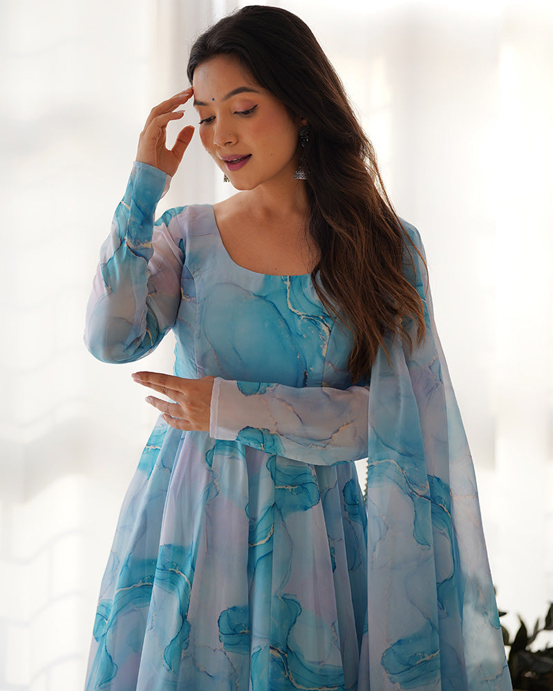 Womenline Sky Blue Color Pure Soft Organza Three Piece Anarkali Suit