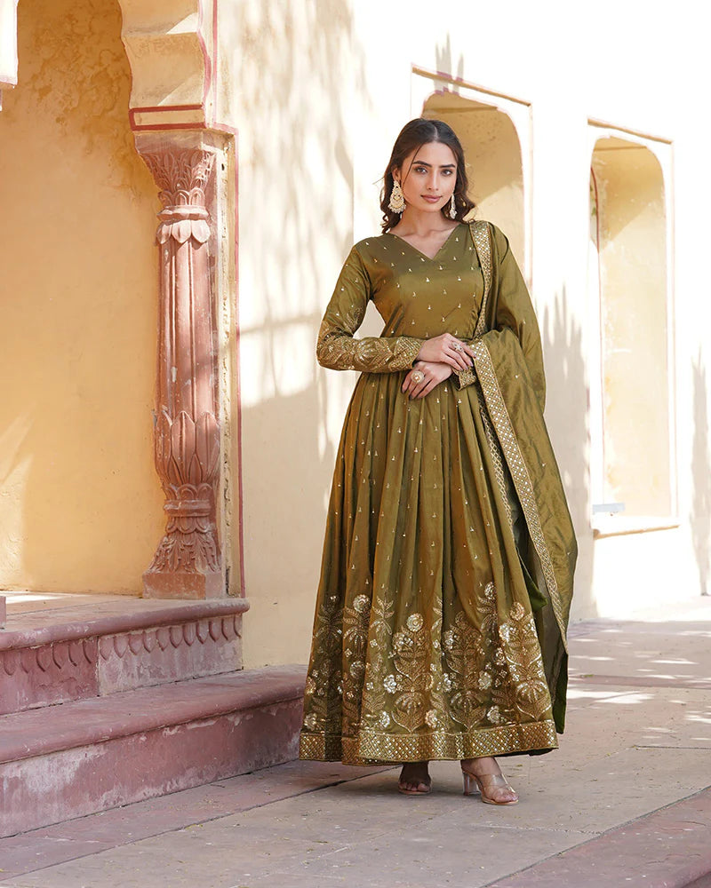 Womenline Designer Mehndi Color embroidered Viscose Cosmos Gown With Dupatta