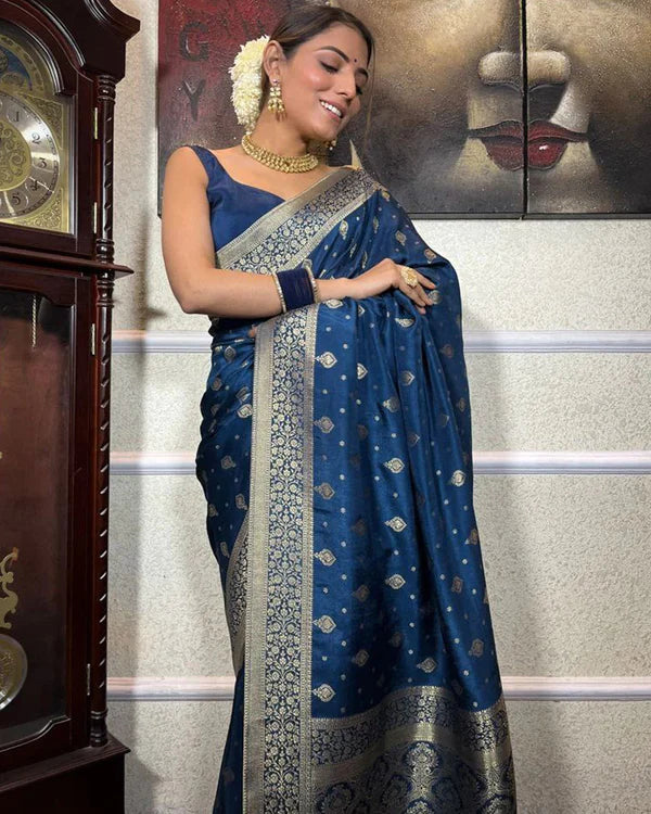 Womenline Royal Blue Color Small Butti Design Banarasi Soft Silk Saree