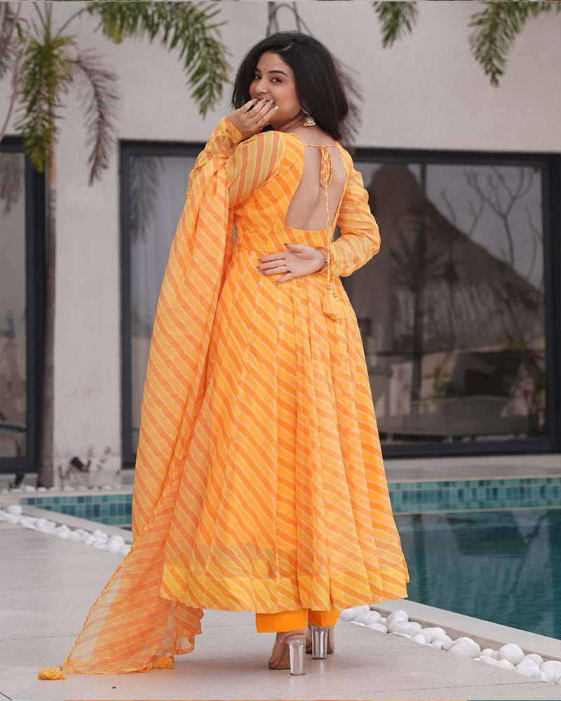 Womenline Yellow Color Laheriya Print Tabby Organza Anarkali Suit