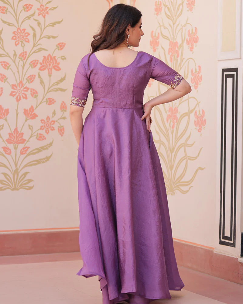 Womenline Lavender Color Gold Crush Embroidered Work Gown