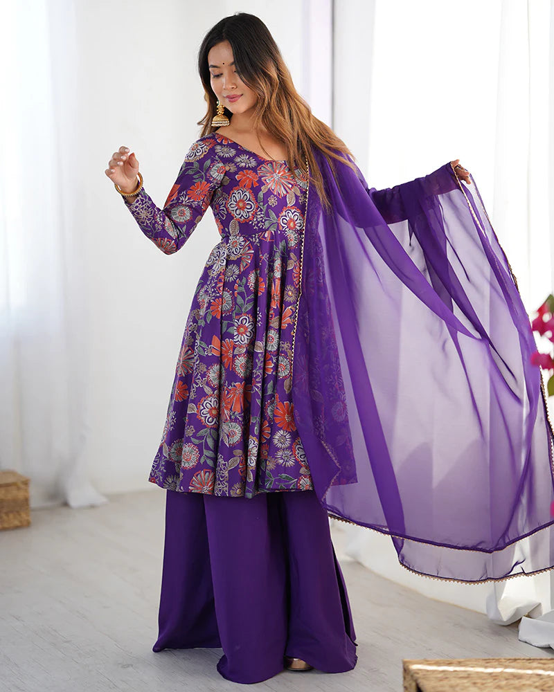 Womenline Purple Color Roman Silk Discharge Printed Plazzo Suit