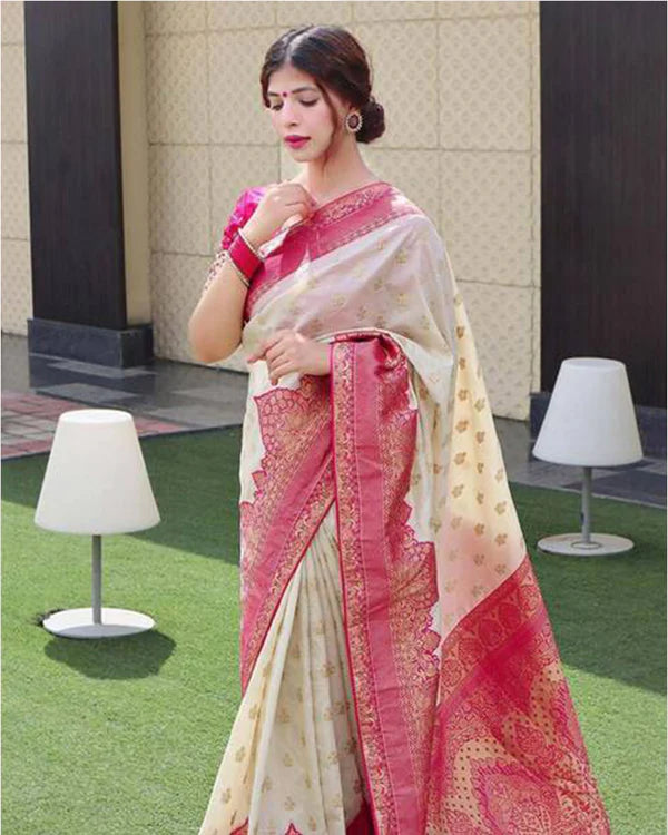Womenline Pink And Cream Color Banarasi Jacquard Soft Silk Saree