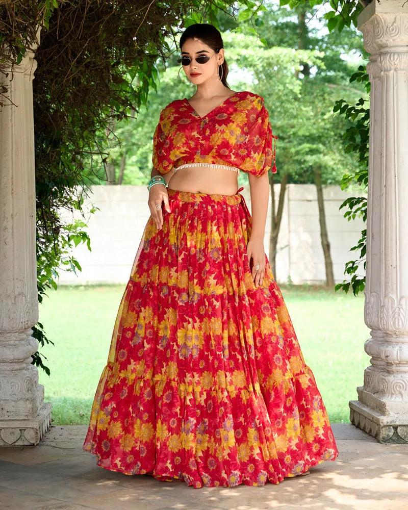 Womenline Red Color Chiffon Printed Crop Top Lehenga Choli