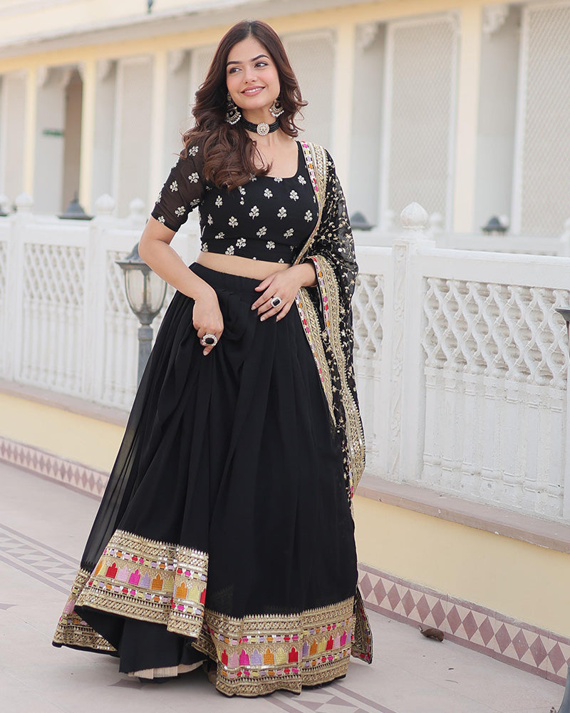 Womenline Black Color Georgette Sequence Embroidered Lehenga Choli