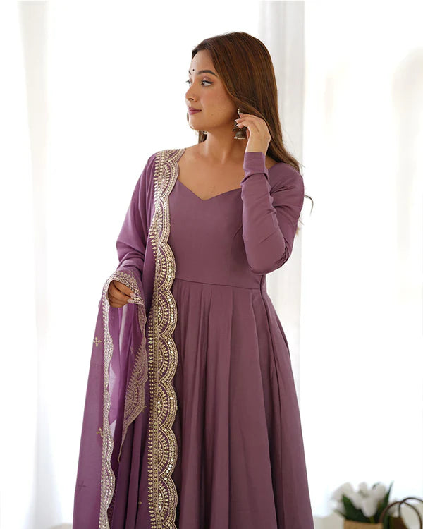 Womenline Onion Color Pure Chanderi Silk Three Piece Anarkali Suit