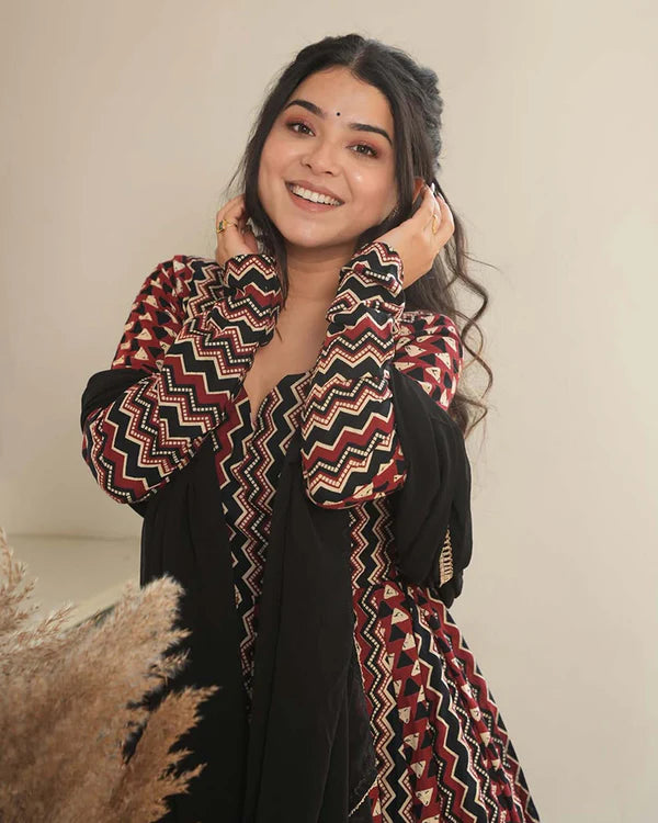 Womenline Black Color Laheriya Triangle Printed Pure Cotton Anarkali Suit
