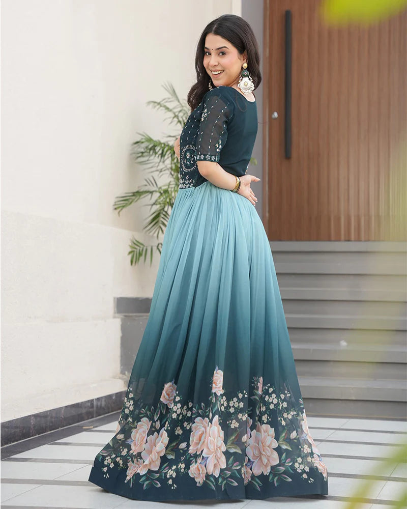 Womenline Rama Color Faux Blooming Embroidered work Gown