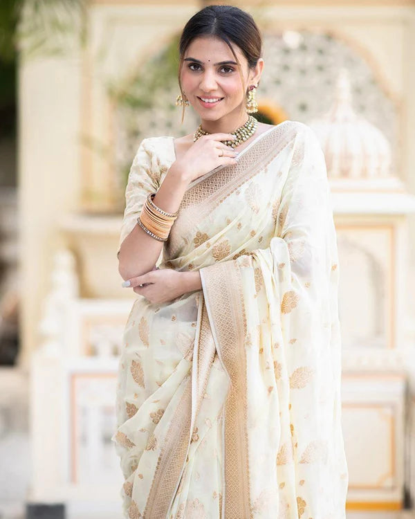 Womenline White Color Banarasi All over Jacquard Soft Silk Saree