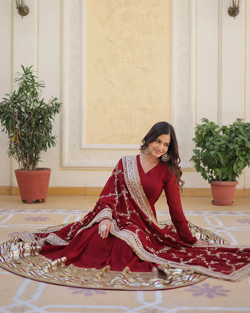 Womenline Designer Maroon Color Blooming Sequence Embroidery Work Gown