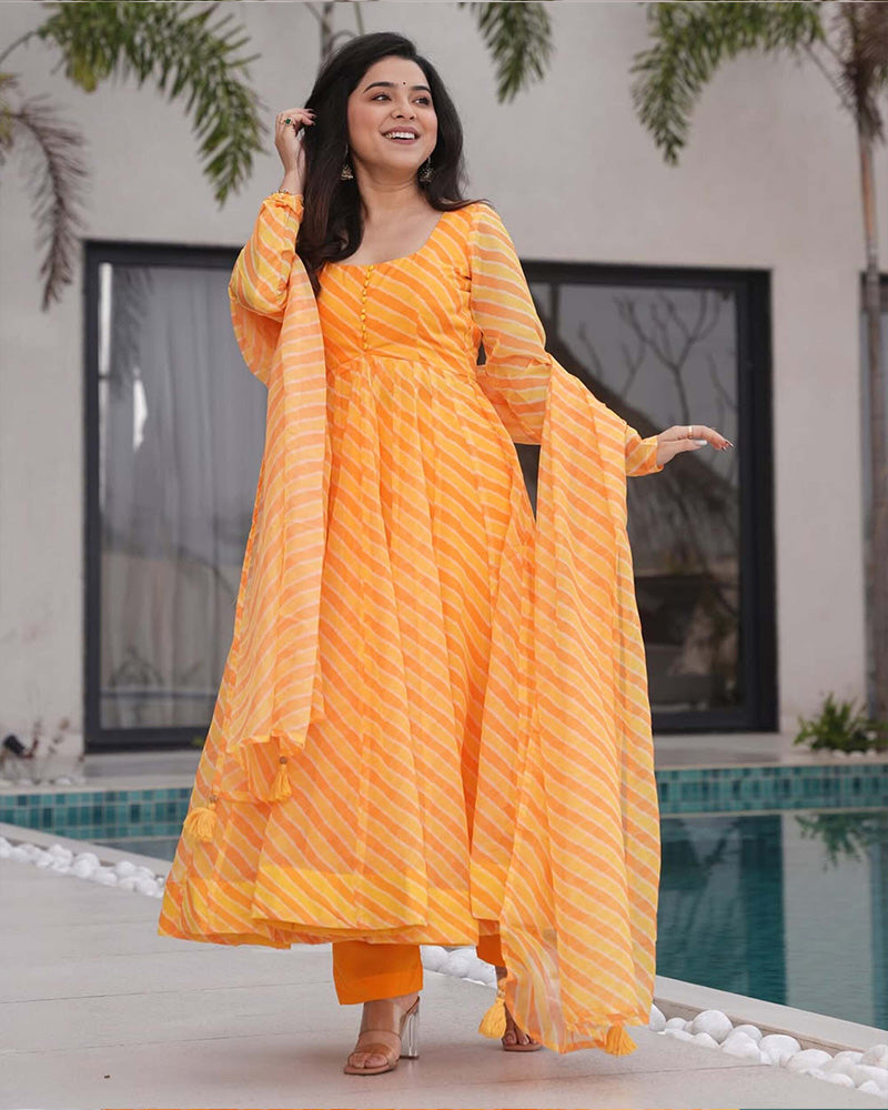 Womenline Yellow Color Laheriya Print Tabby Organza Anarkali Suit