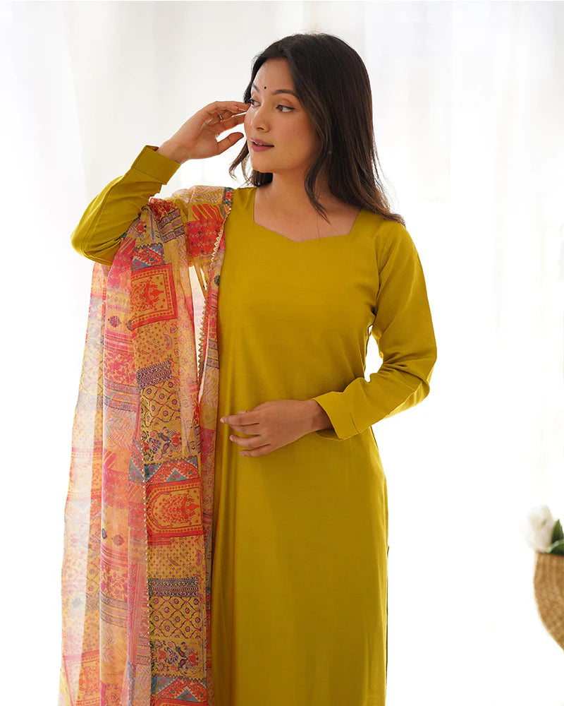 Womenline Yellow Color Viscose Ready To wear Three Piece Kurti Suit