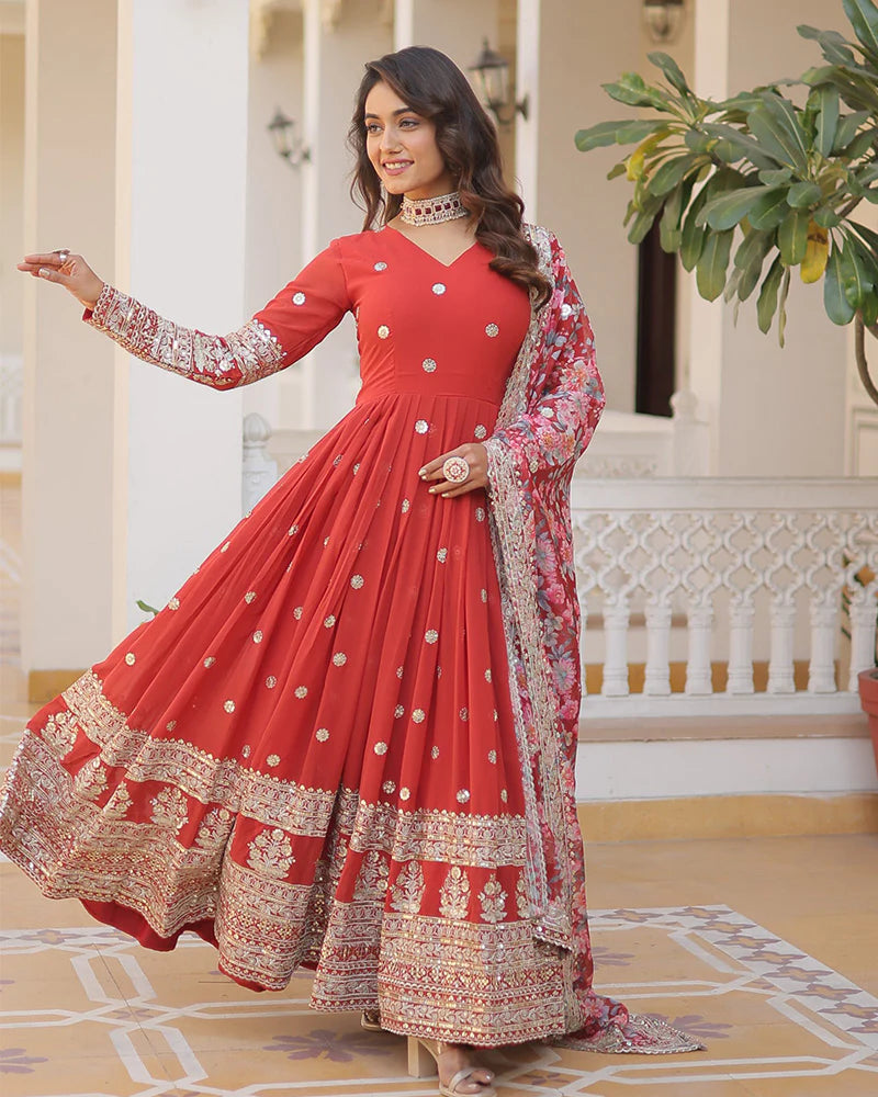 Womenline Red Color Faux Georgette Designer Gown With Dupatta