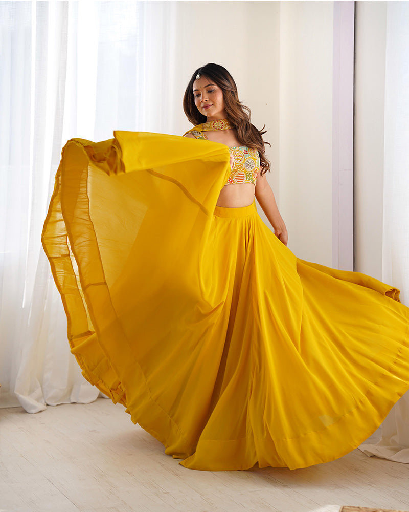 Womenline Yellow Color Pure Soft Georgette Lehenga Choli