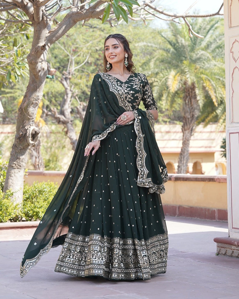 Womenline Wedding Wear Dark Green Color Designer Blooming Semi stitched Lehenga Choli