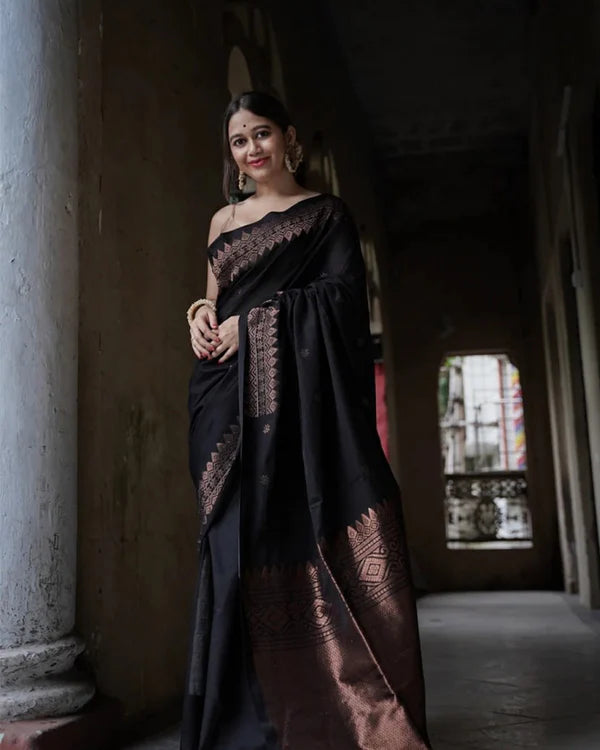 Womenline Black Color Banarasi Jacquard Soft Silk Saree