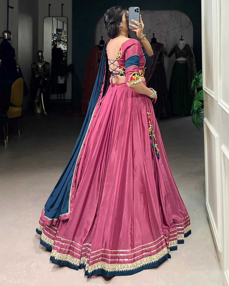 Womenline Graceful Pink And Navy Blue Silk Crape Lehenga Choli With Elegant Dupatta
