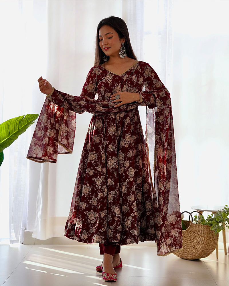 Womenline Dark Maroon Color Georgette Three Piece Anarkali Suit
