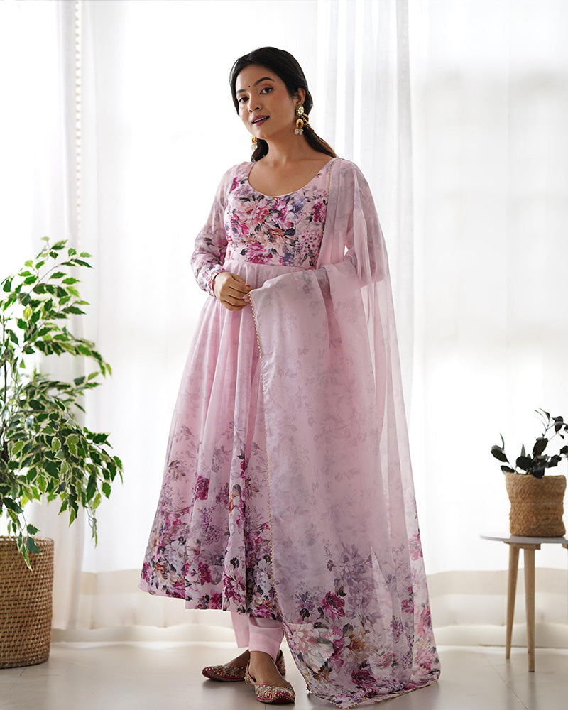 Womenline Baby Pink Color Floral Print Organza Three Piece Anarkali Suit
