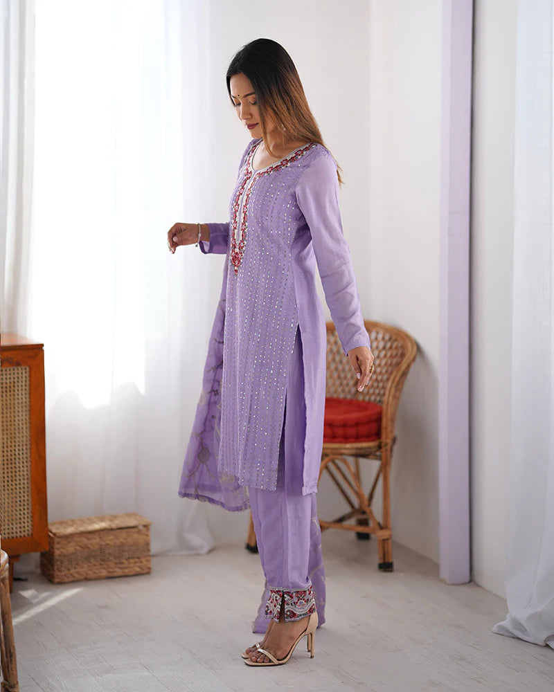 Womenline Light Purple Color Chinon Silk Three Piece Kurti Suit