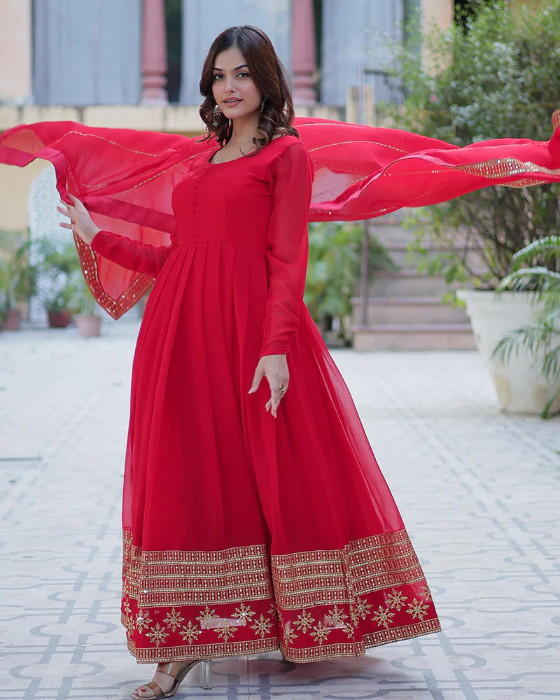 Womenline Exclusive Red Color Attractive Sequence Embroidery Work Gown