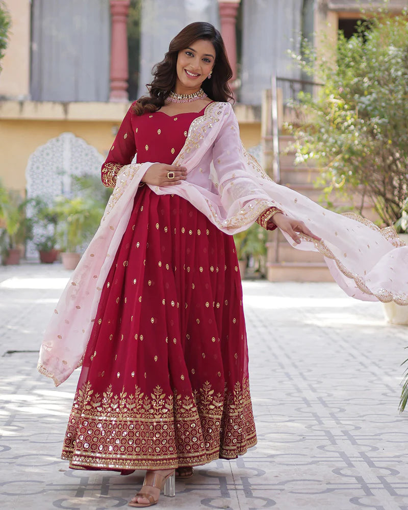 Womenline Royal Rani Color Faux Blooming Zari Embroidered Work Gown