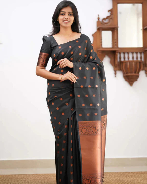 Womenline Black Color Banarasi Jacquard Soft Silk Saree
