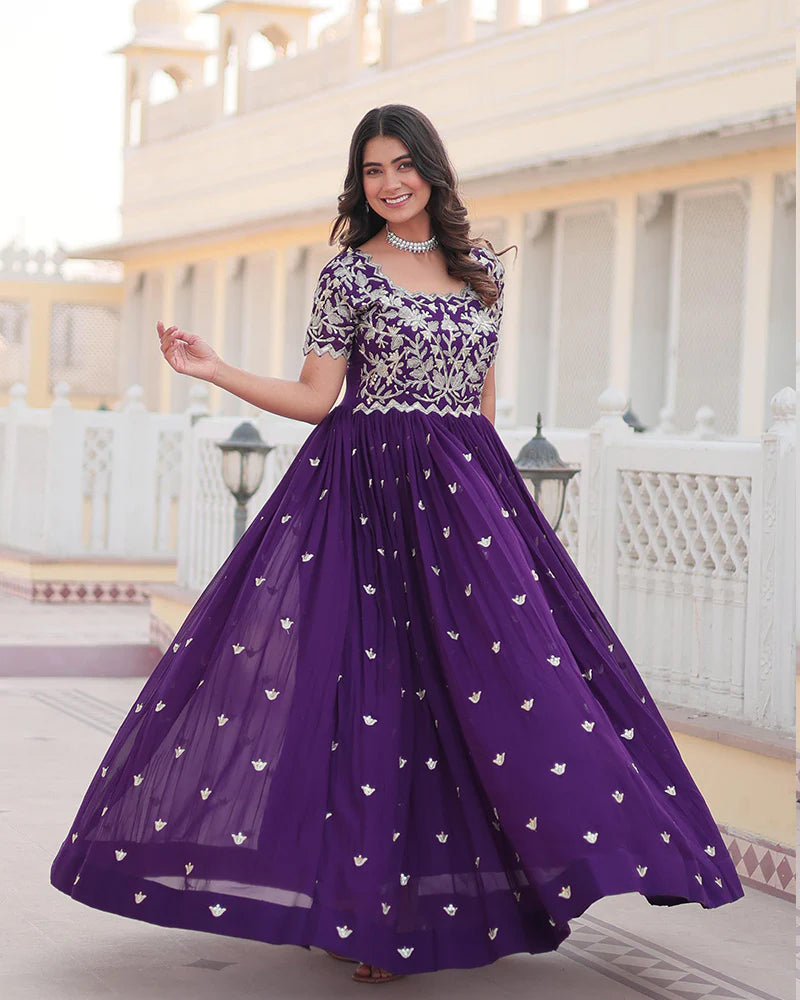 Womenline Purple Color Faux Blooming Sequins Embroidered Anarkali Gown