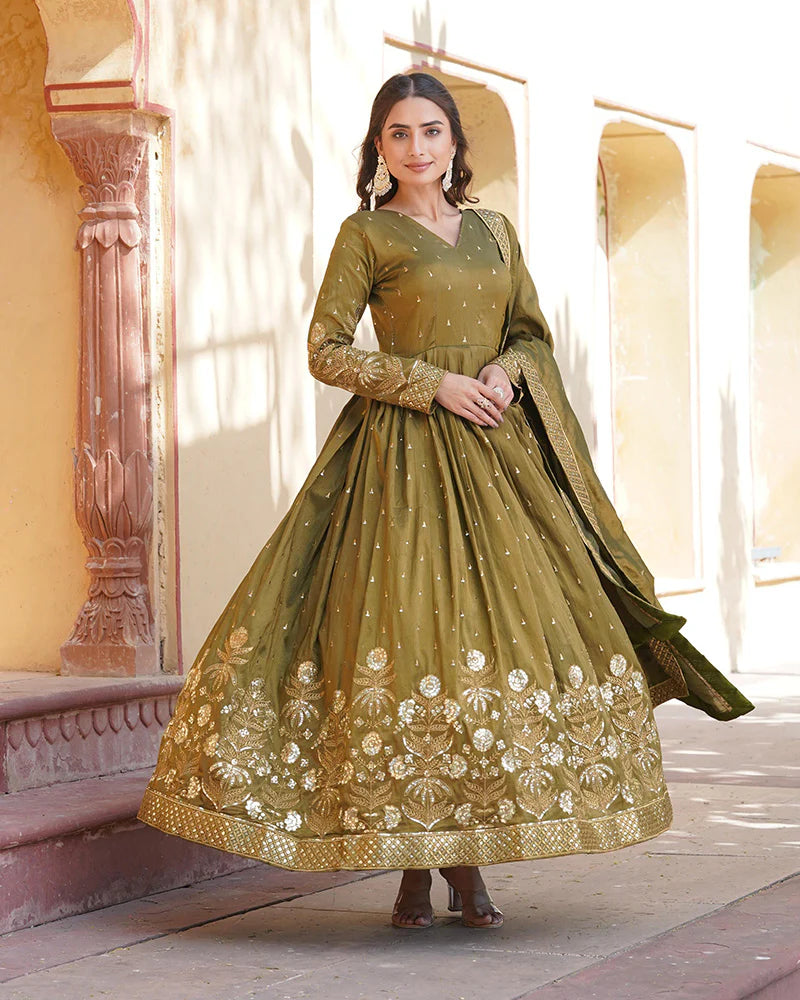 Womenline Designer Mehndi Color embroidered Viscose Cosmos Gown With Dupatta