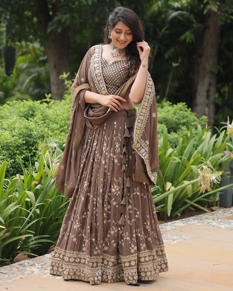 Womenline Brown Color Designing Blooming Lehenga Choli