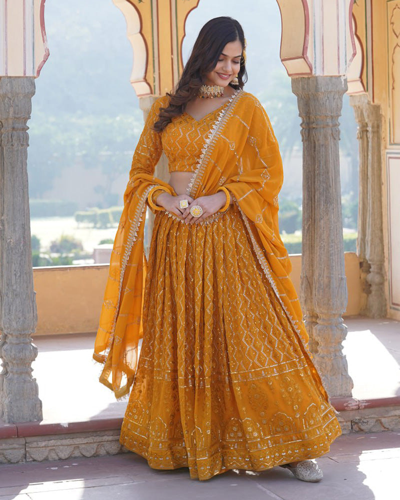 Womenline Yellow Color Georgette Heavy Embroidery Threaded Semi Stitched Lehenga Choli