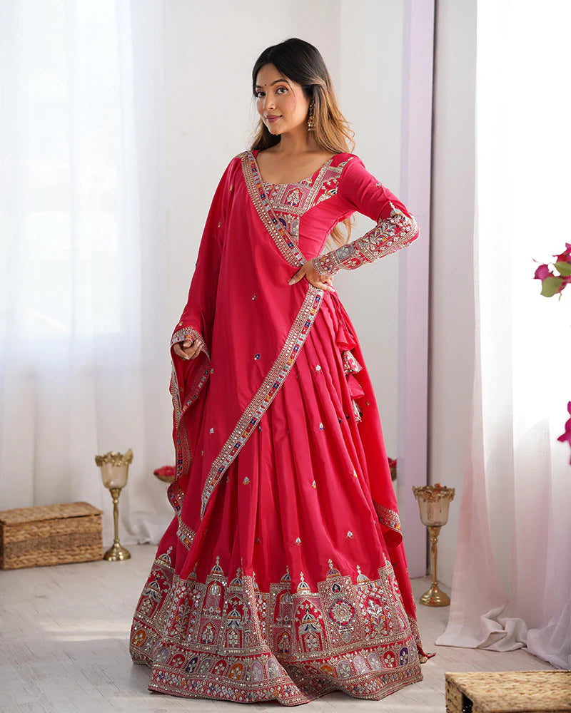 Womenline Tomato Color Natural Crepe silk Lehenga Choli
