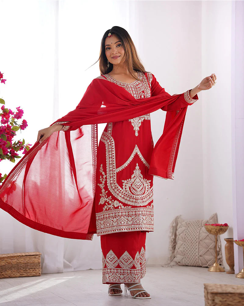 Womenline Red Color Vichitra Silk Three Piece Kurti Suit