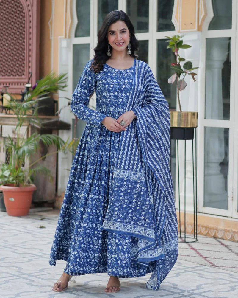 Womenline Blue Color Printed Pure Cotton Three Piece Kurti Suit