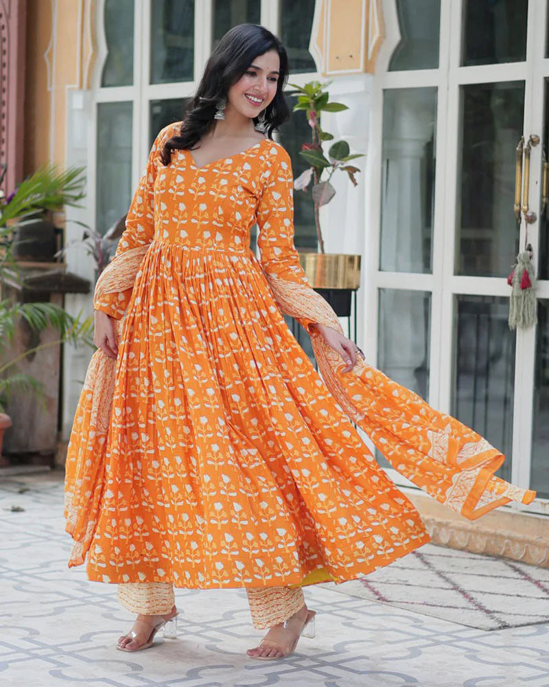 Womenline Orange Color Printed Pure Cotton Three Piece Kurti Suit