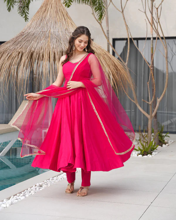 Womenline Rani Pink Color Chanderi Pure Roman Silk Anarkali Suit