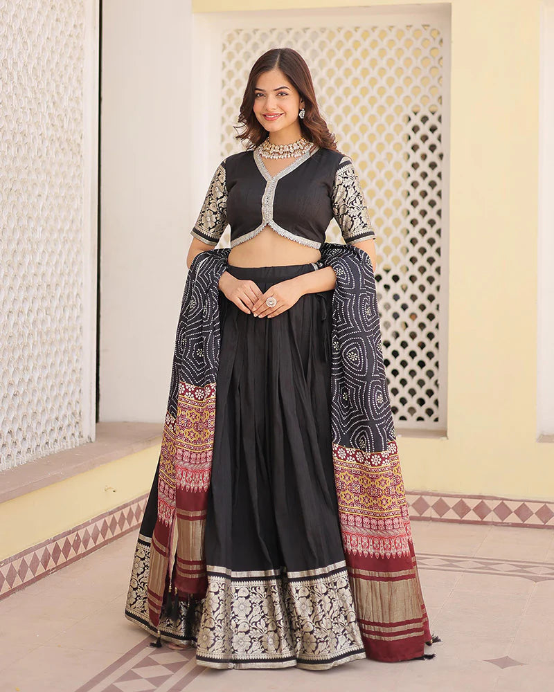 Womenline Black Color Jacquard Lehenga Choli With Gaji Silk Dupatta