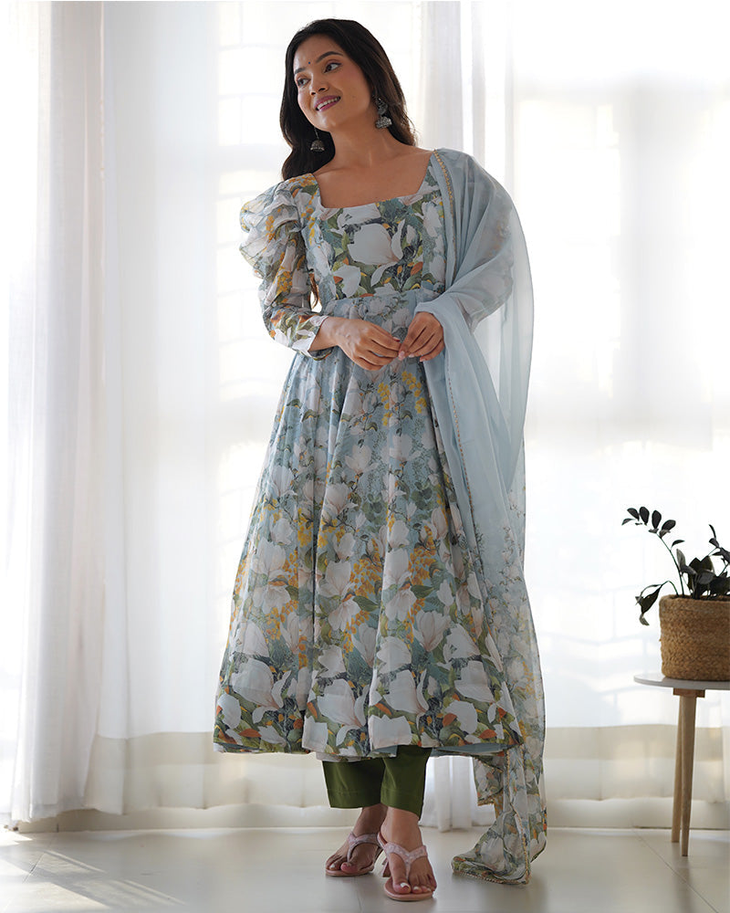 Womenline Green Color Pure Soft Organza Three Piece Anarkali Suit