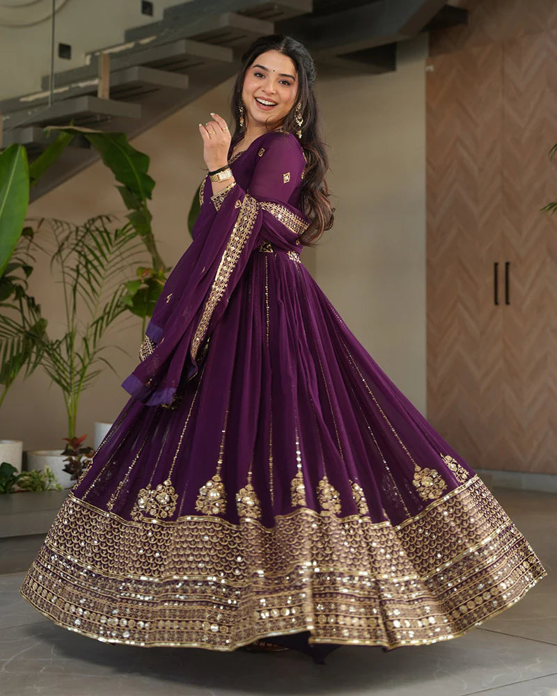 Womenline Royal Purple Color Designer Golden Embroidered Gown
