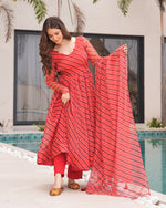 Womenline Orange And Brown Color Laheriya Print Tabby Organza Anarkali Suit