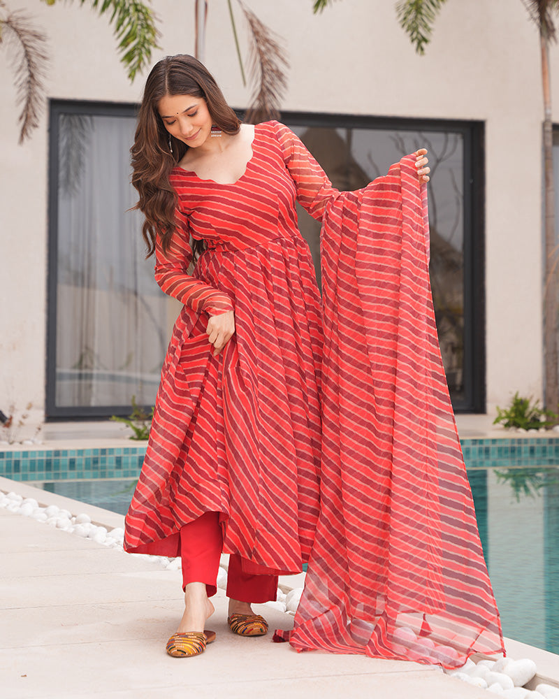 Womenline Orange And Brown Color Laheriya Print Tabby Organza Anarkali Suit