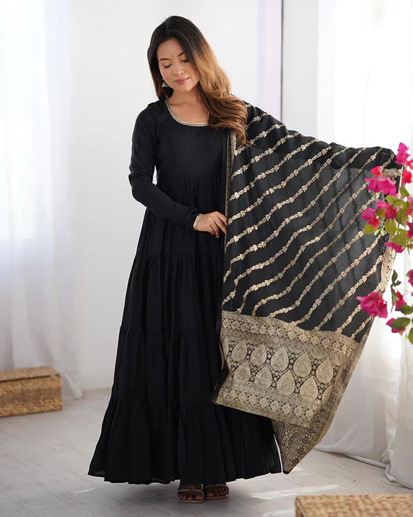 Womenline Black Color Pure Roman Silk Ruffle Style Anarkali Suit