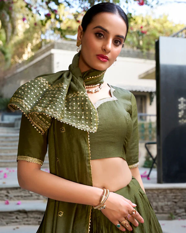 Womenline Mehndi Color Pure Chanderi Plain Navratri Half Saree